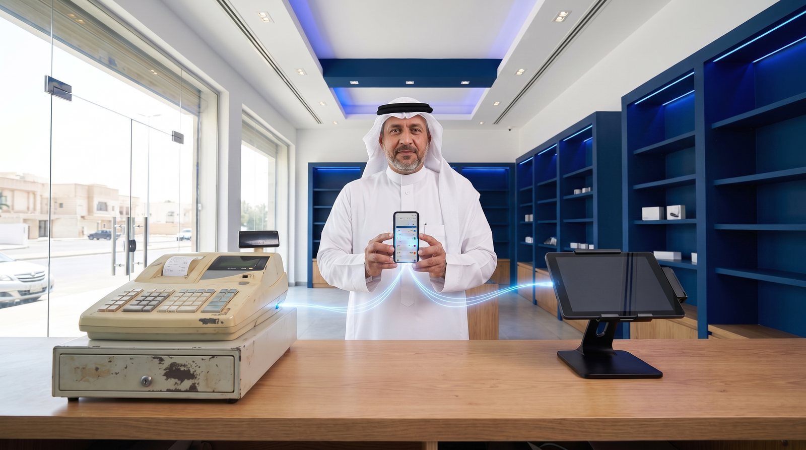 A Saudi merchant between an old cash register and a modern POS terminal, both issuing a digital receipt