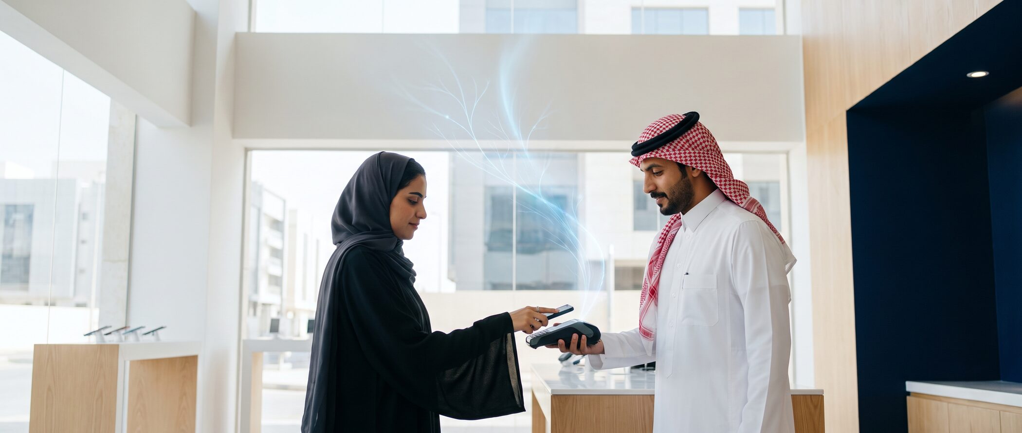 A customer pays with her phone at a Saudi merchant's terminal as the receipt travels across the network